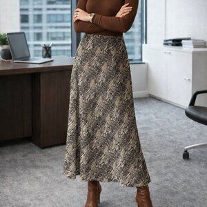 Ann Taylor Brown and Cream Snake Skin Patterned  100% Silk Maxi Skirt  Size 6P